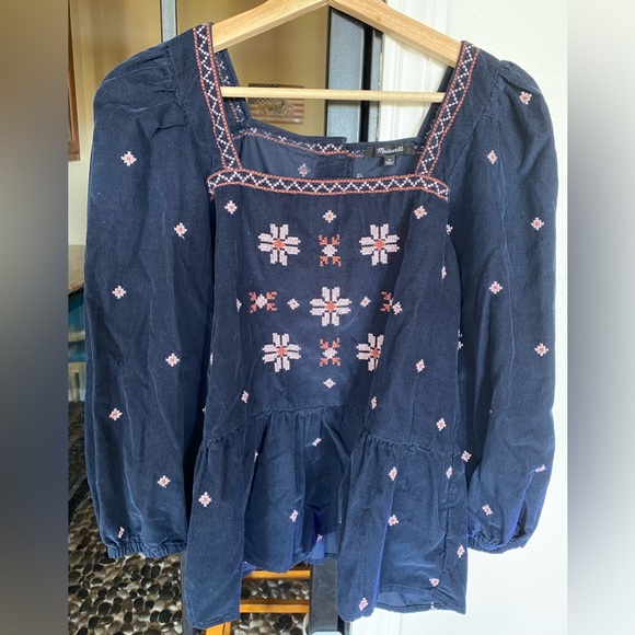 Madewell embroidered babydoll peplum corduroy top - Picture 4 of 5